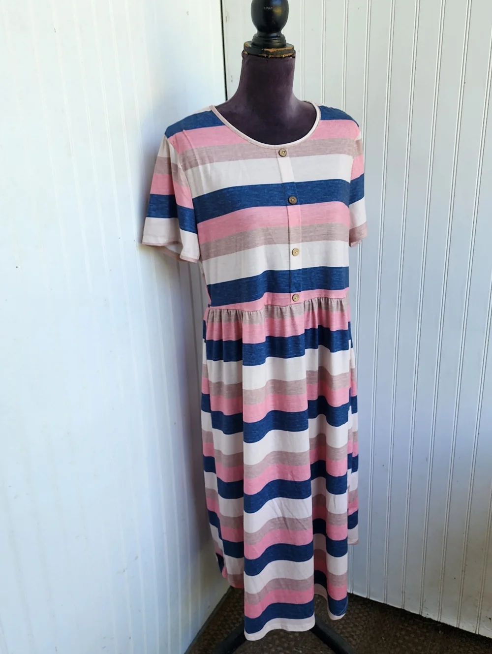 Emery Rose Curve 2XL Pink Blue Beige Knit Stretch Short SLEEVE DRESs Button - Picture 4 of 16
